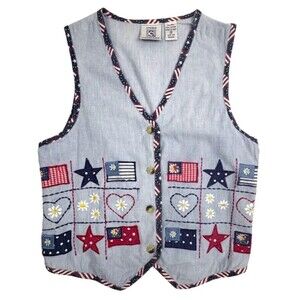 VTG Embroided Vest American Flag Stripe Arts Crafts Patriotic July 4 USA S